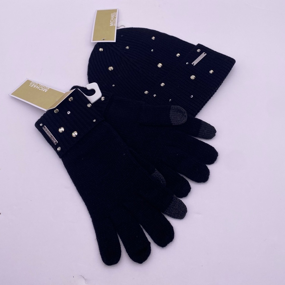 Michael Kors Crystal Embellished Logo Beanie Hat and Gloves Set Acrylic - Picture 10 of 11